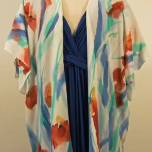 Floral kimono over blue dress